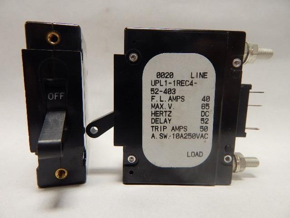 Airpax   UPL1-1REC4-52-403     1 Pole 40 Amp 65VDC 250VAC w Auxillary Contacts Circuit Breaker